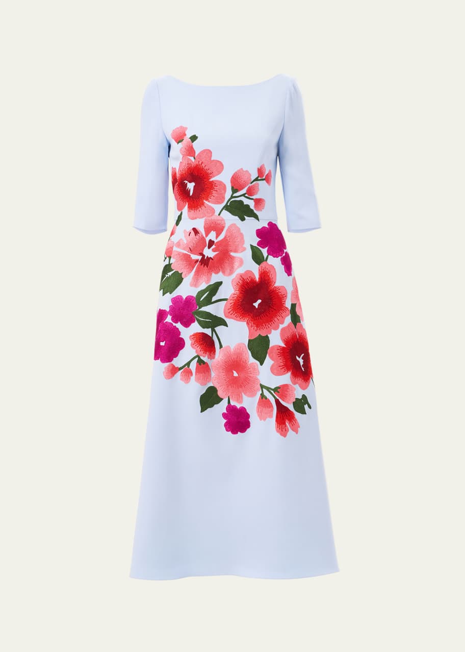 Image 1 of 1: Floral Embroidered 3/4-Sleeve Midi Dress