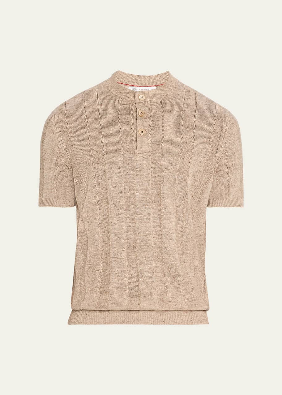 Image 1 of 1: Men's Linen and Cotton Henley Short-Sleeve Sweater