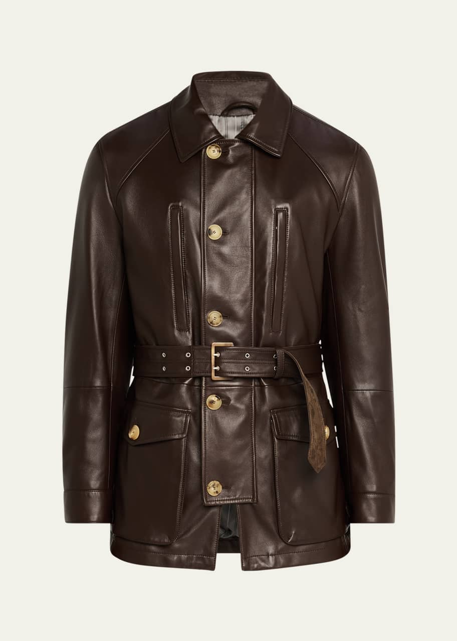 Image 1 of 1: Men's Leather Belted Overcoat