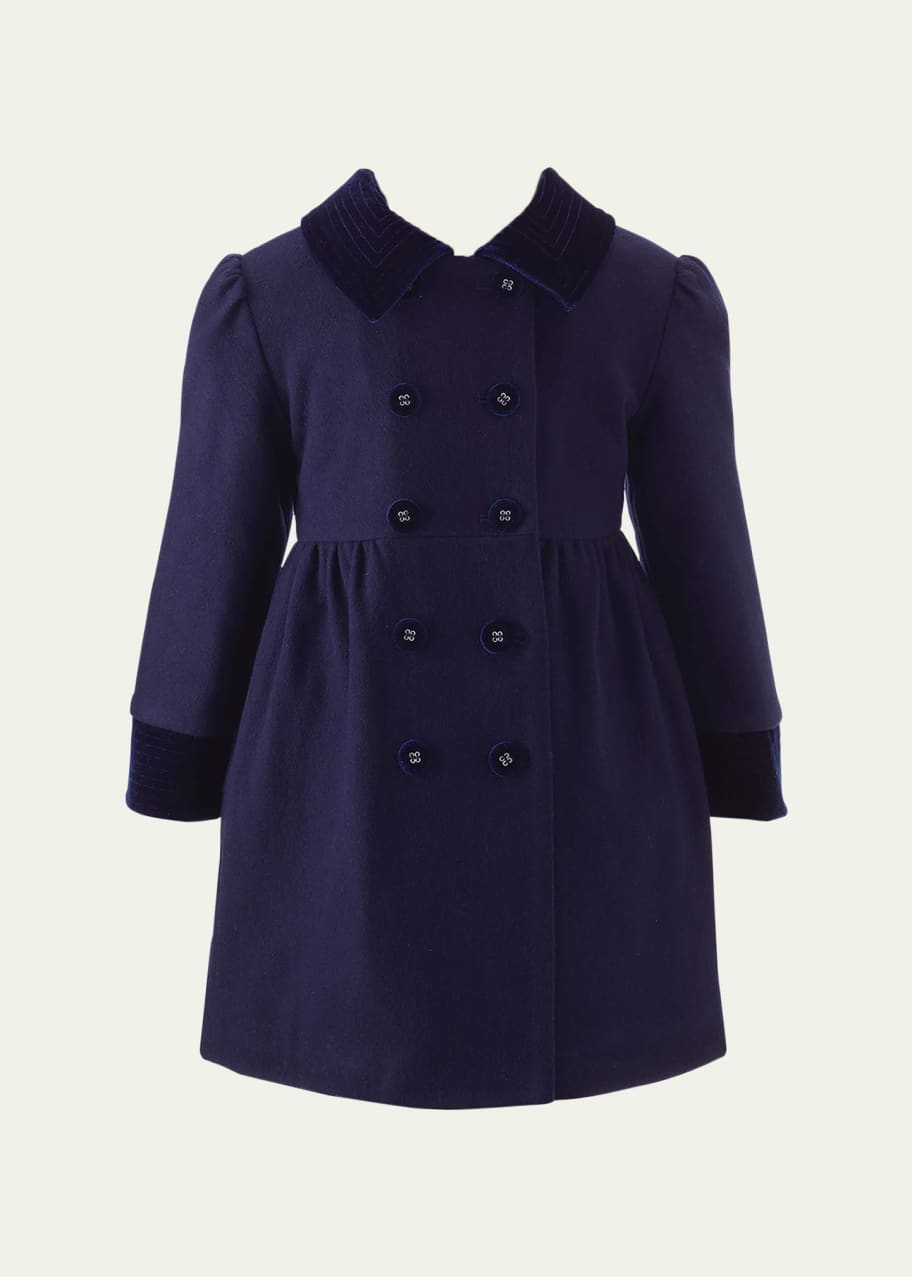 Image 1 of 1: Girl's Velvet-Trim Double Breasted Coat, Size 2-10