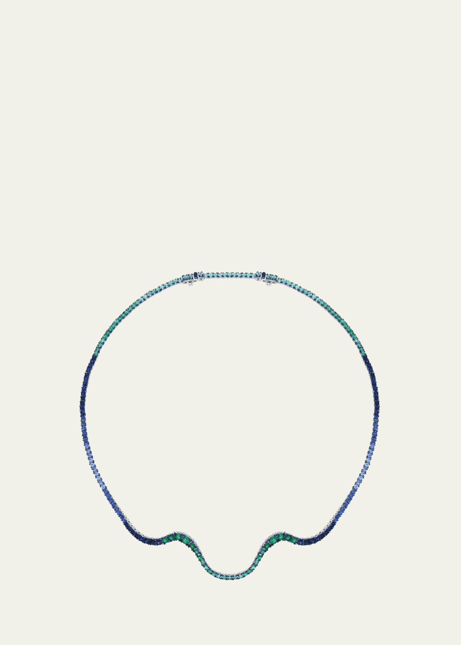 Image 1 of 1: 18K White Gold Full Pave Emerald and Sapphire Radiant Choker