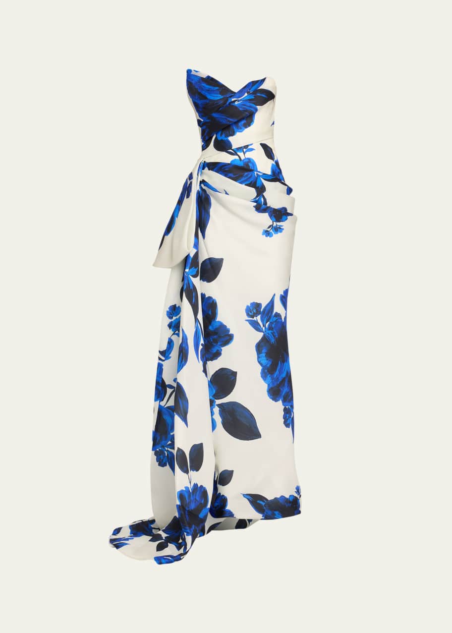 Image 1 of 1: Floral Print Asymmetric Draped Column Gown