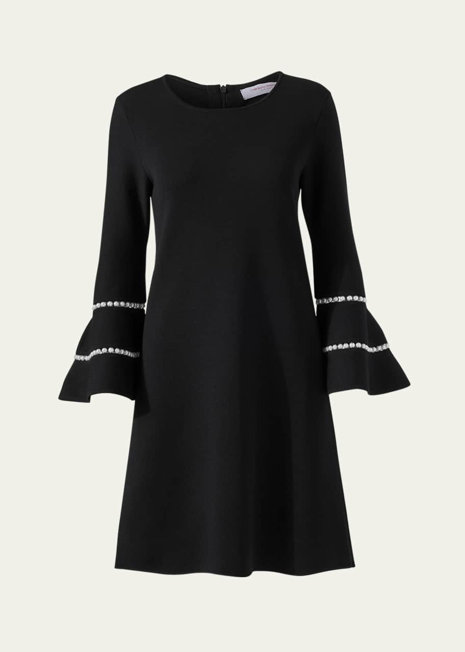 Image 1 of 1: Three-Quarter Ruffle Sleeve Mini Dress with Inset Pearl Detail