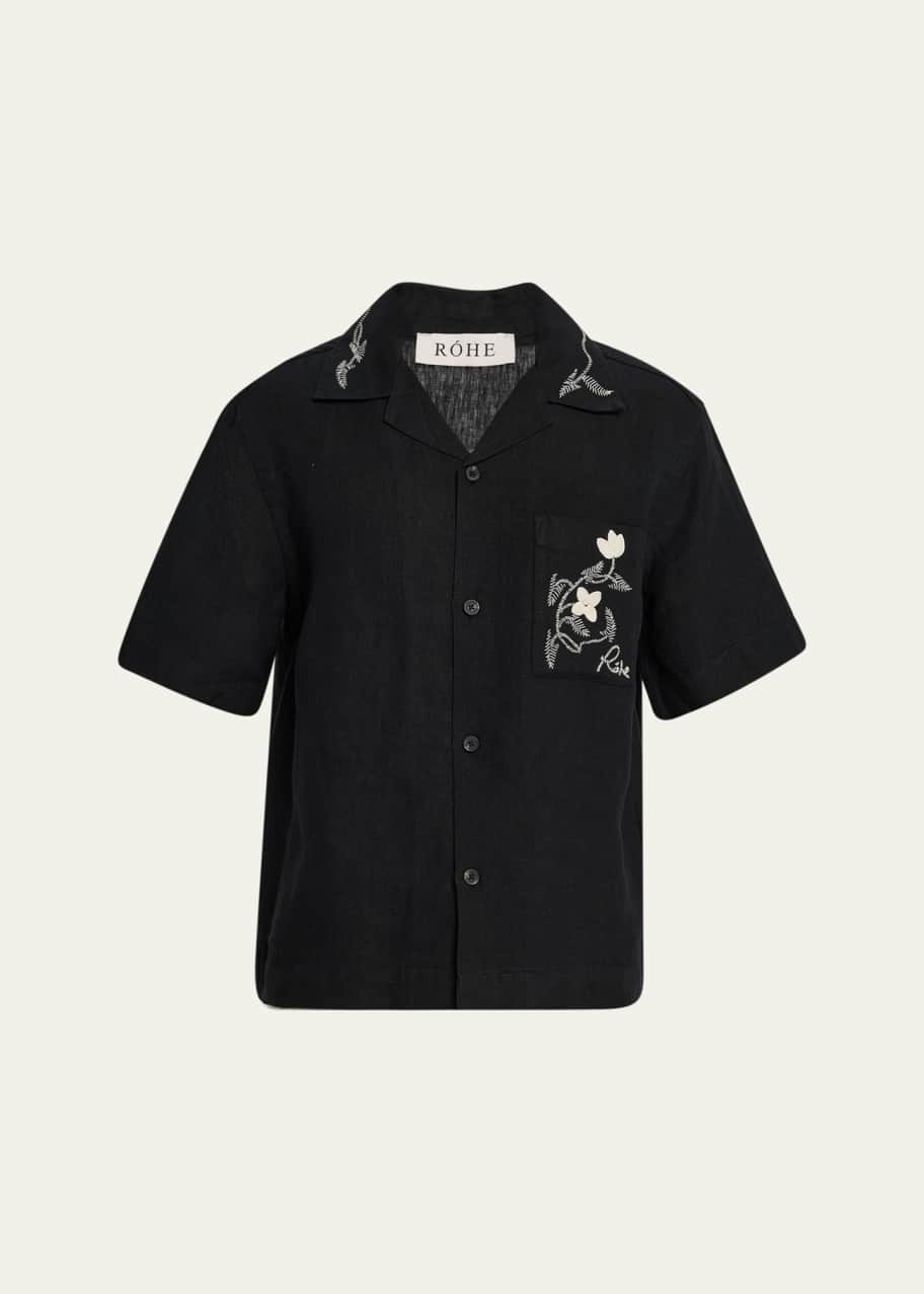 Image 1 of 1: Men's Embroidered Linen Camp Shirt