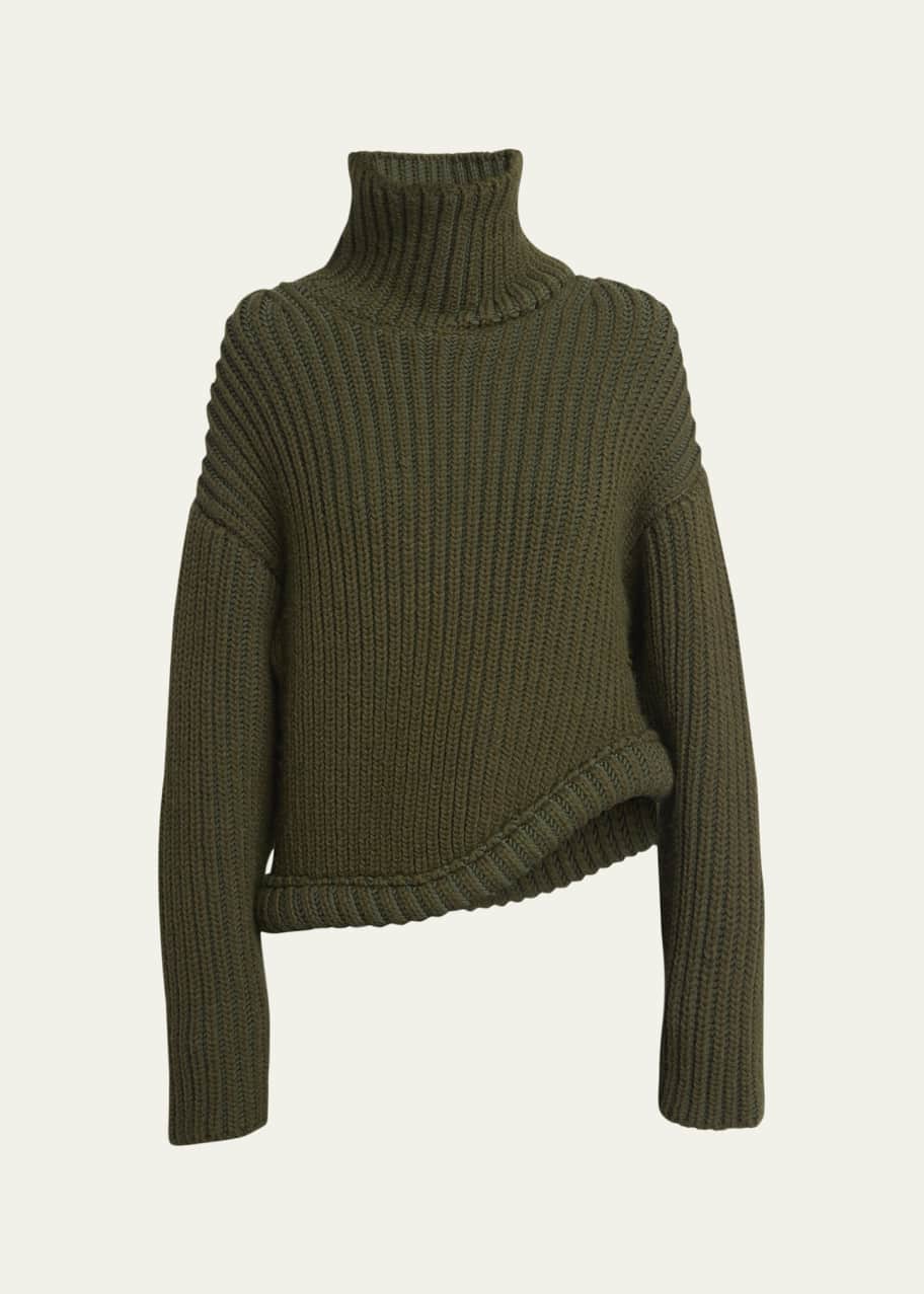Image 1 of 1: High-Neck Ribbed Asymmetric Wool Sweater