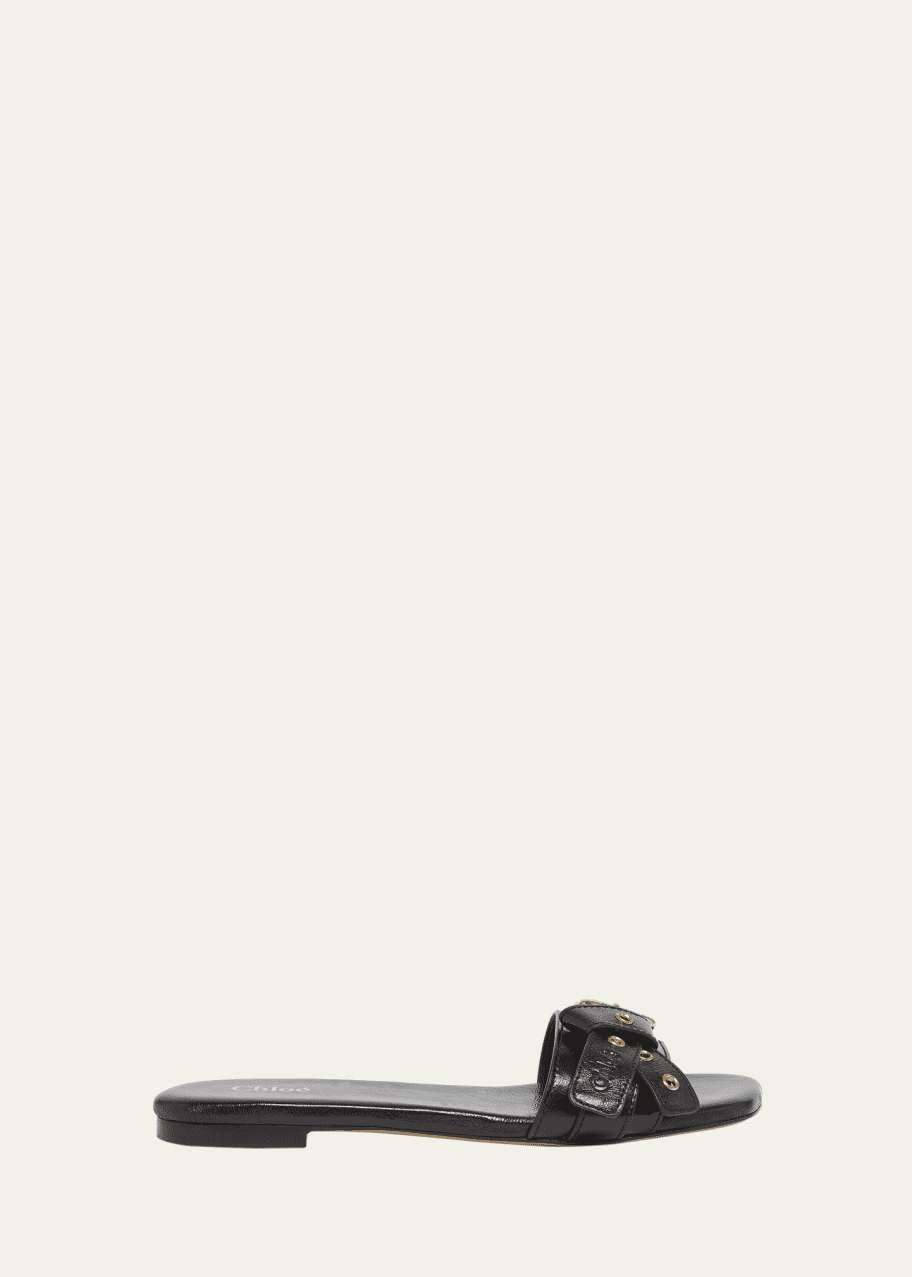 Image 1 of 1: Mae Leather Buckle Flat Slide Sandals