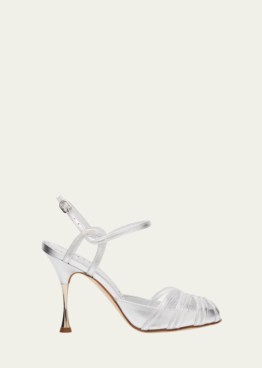Manolo Blahnik Makanak Metallic Caged Ankle-Strap Sandals