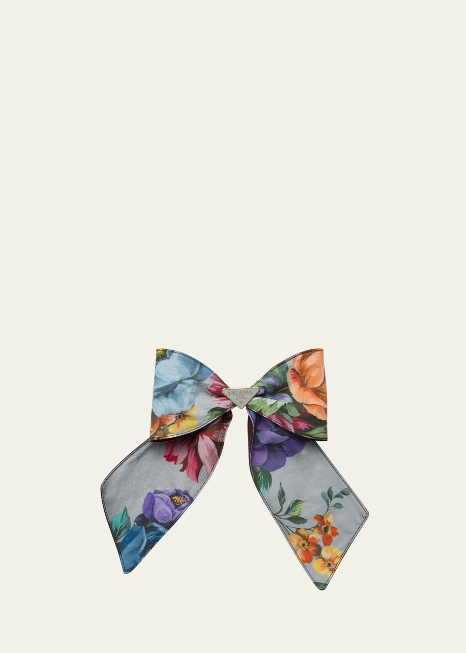 Prada Floral Silk Bow Hair Tie in Blue with Purple, Orange and Yellow Accents Prada pre-owned light blue floral bow hair clip | Sign of  main image 2