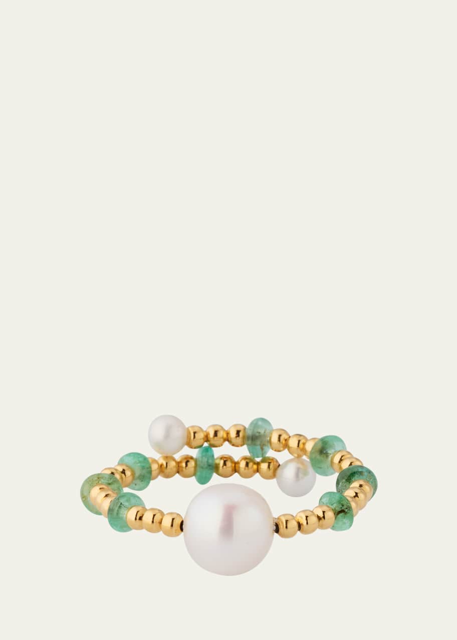 Image 1 of 1: 18K Yellow Gold Aurogen Pearl and Emerald Ring