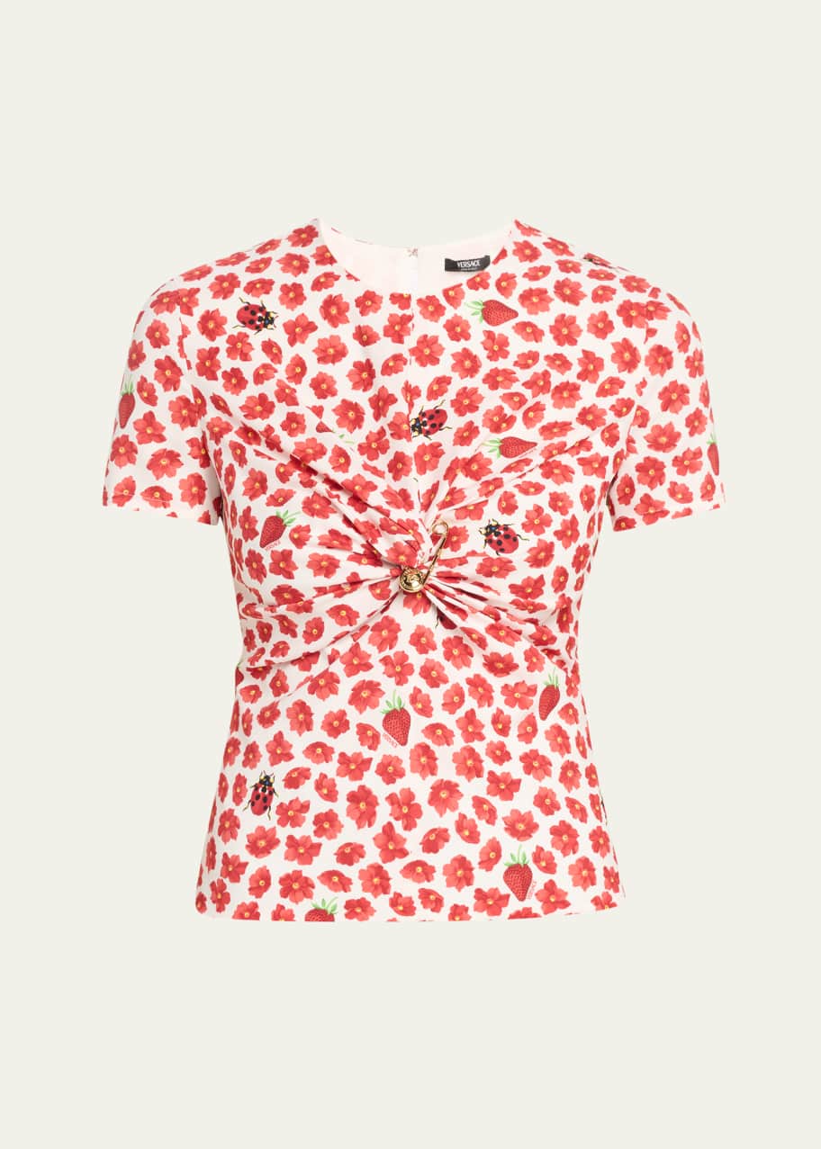 Image 1 of 1: Twisted Safety-Pin Strawberry Garden Silk Georgette Blouse