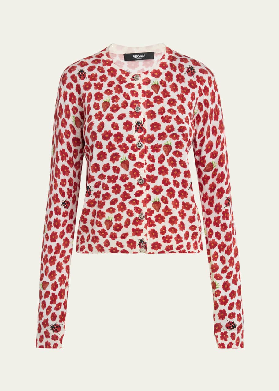 Image 1 of 1: Strawberry Garden Print Silk Knit Cardigan