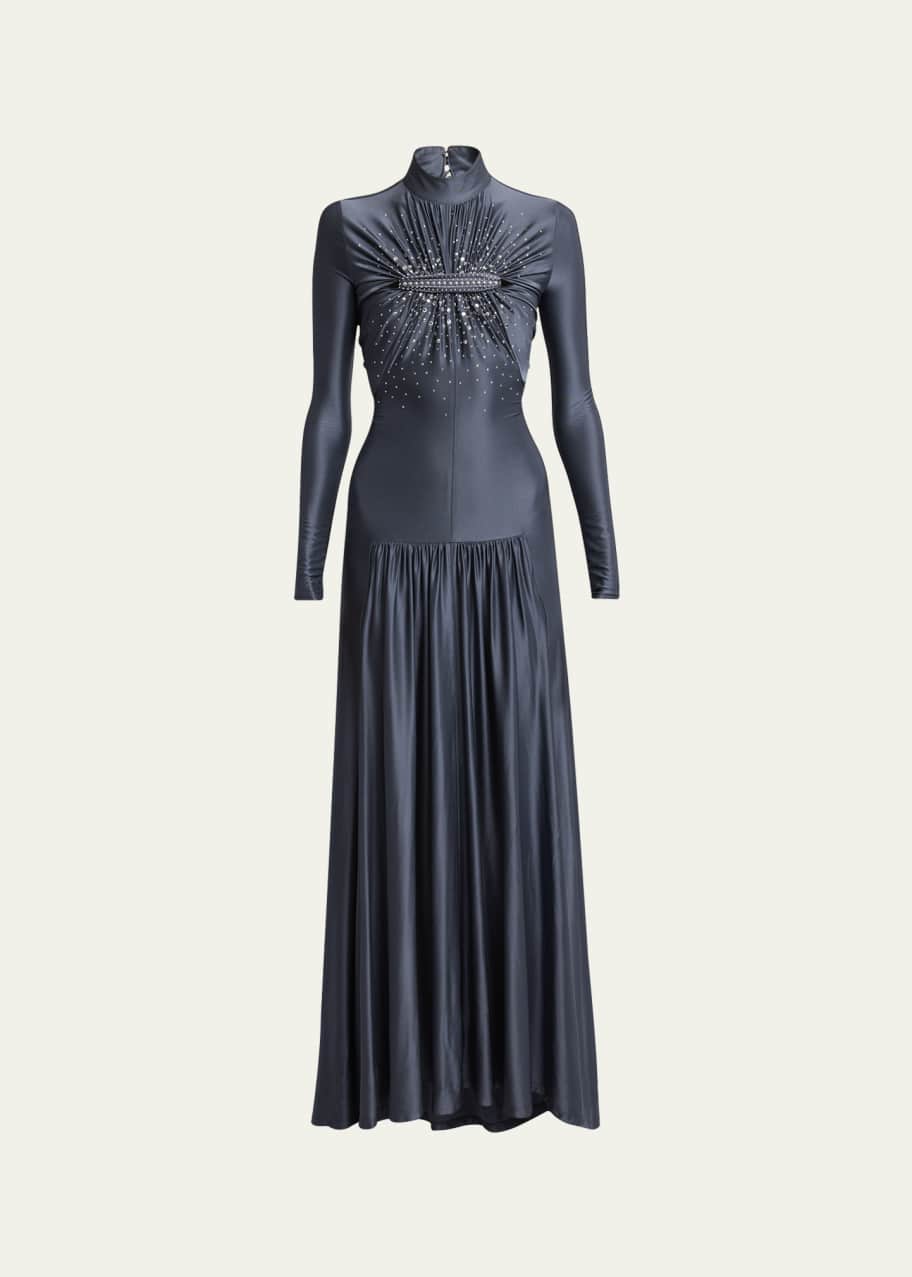 Image 1 of 1: High-Neck Crystal Ruched Cutout Jersey Gown