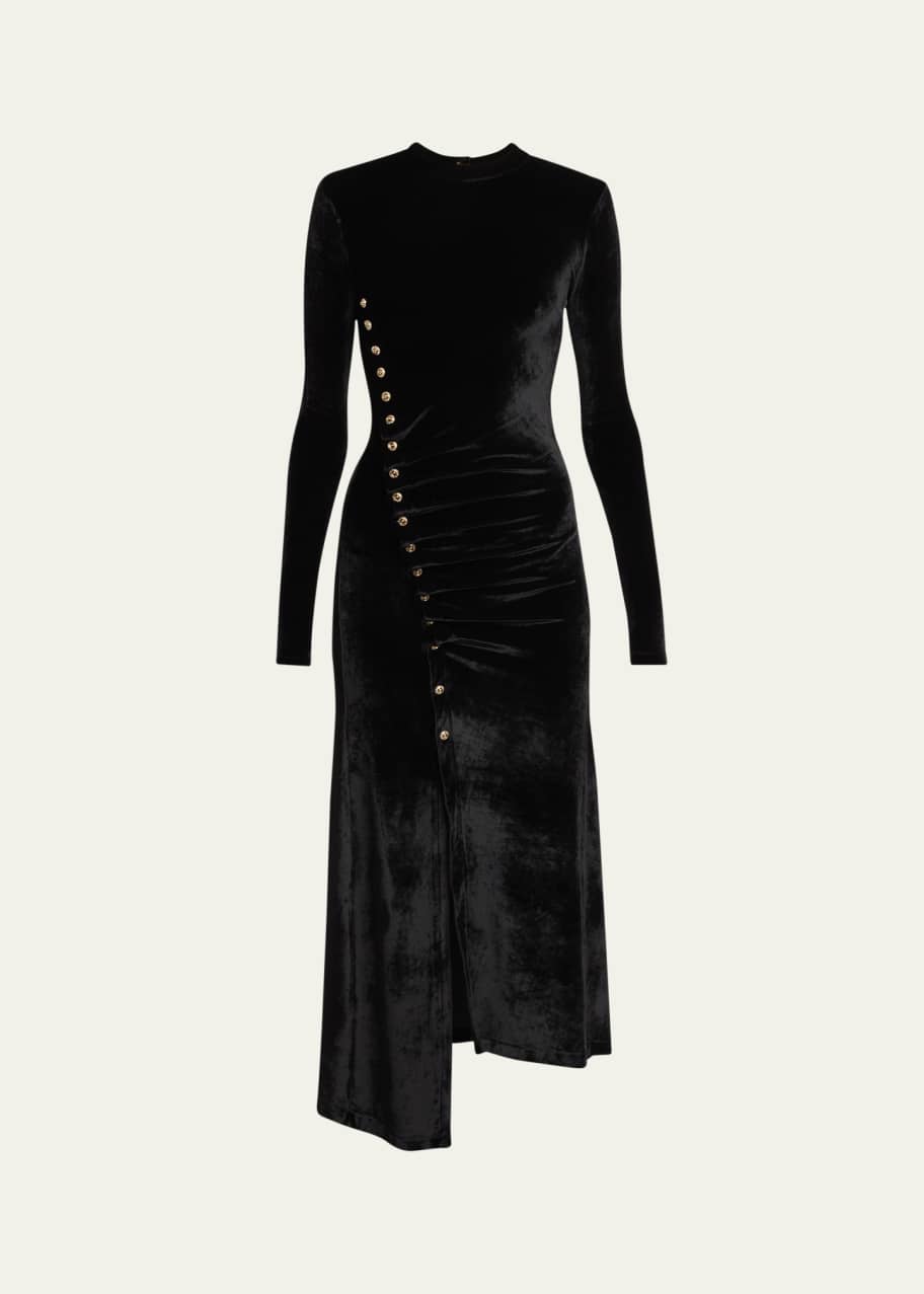 Image 1 of 1: Ruched Velvet Side Button Dress