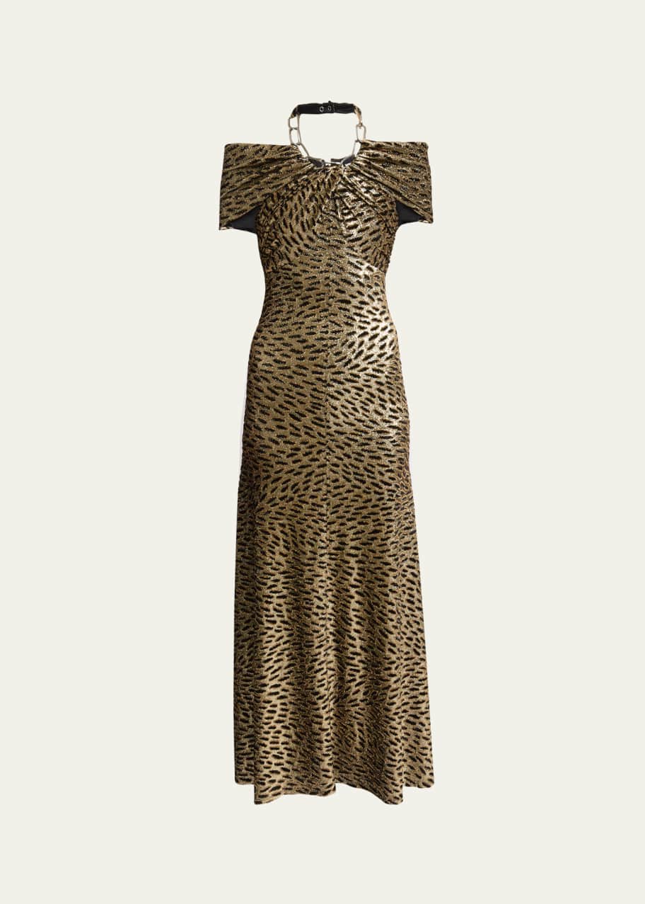Image 1 of 1: Chain Halter-Neck Leopard Gown