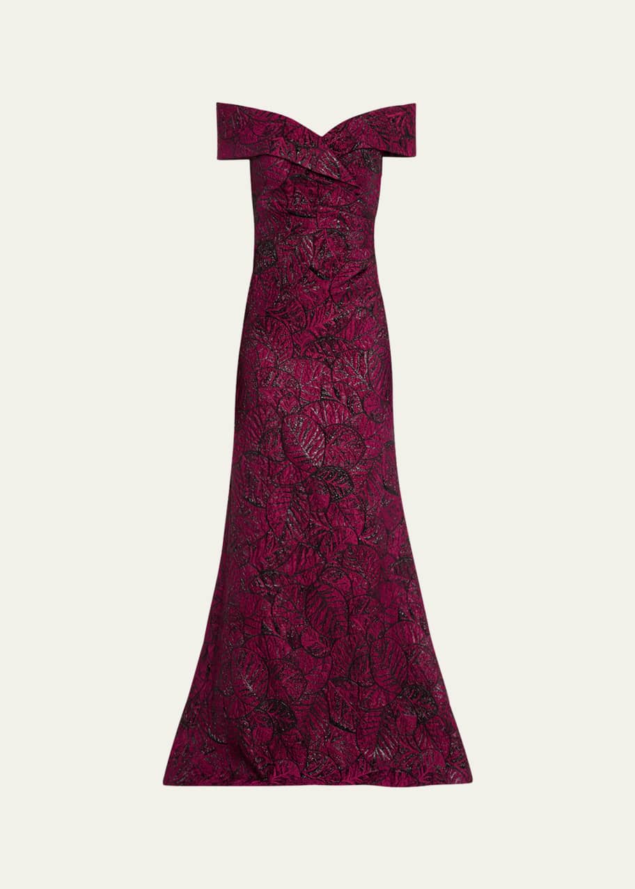 Image 1 of 1: Off-Shoulder Metallic Leaf Jacquard Gown