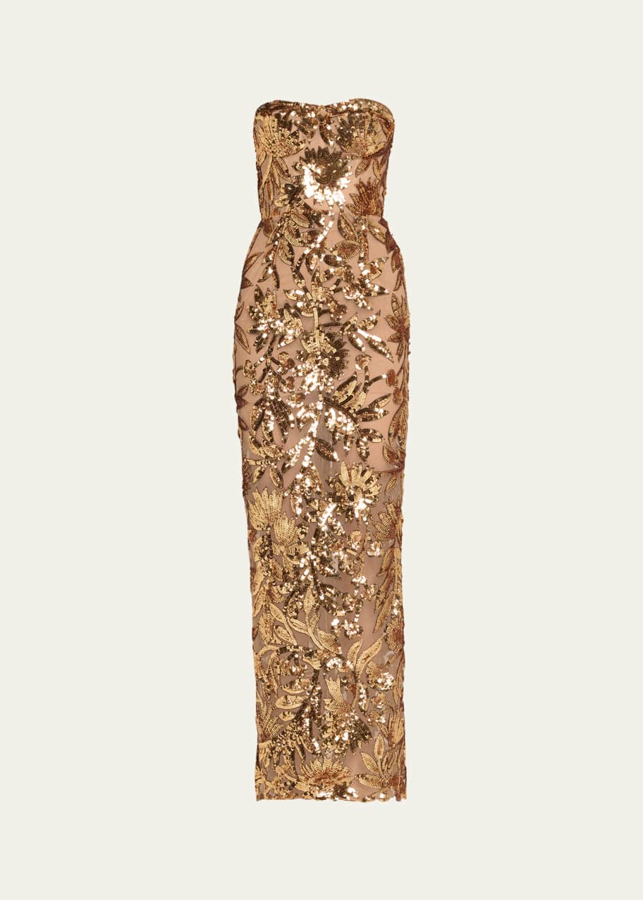 Image 1 of 1: Dahlia Strapless Floral Sequin Column Gown