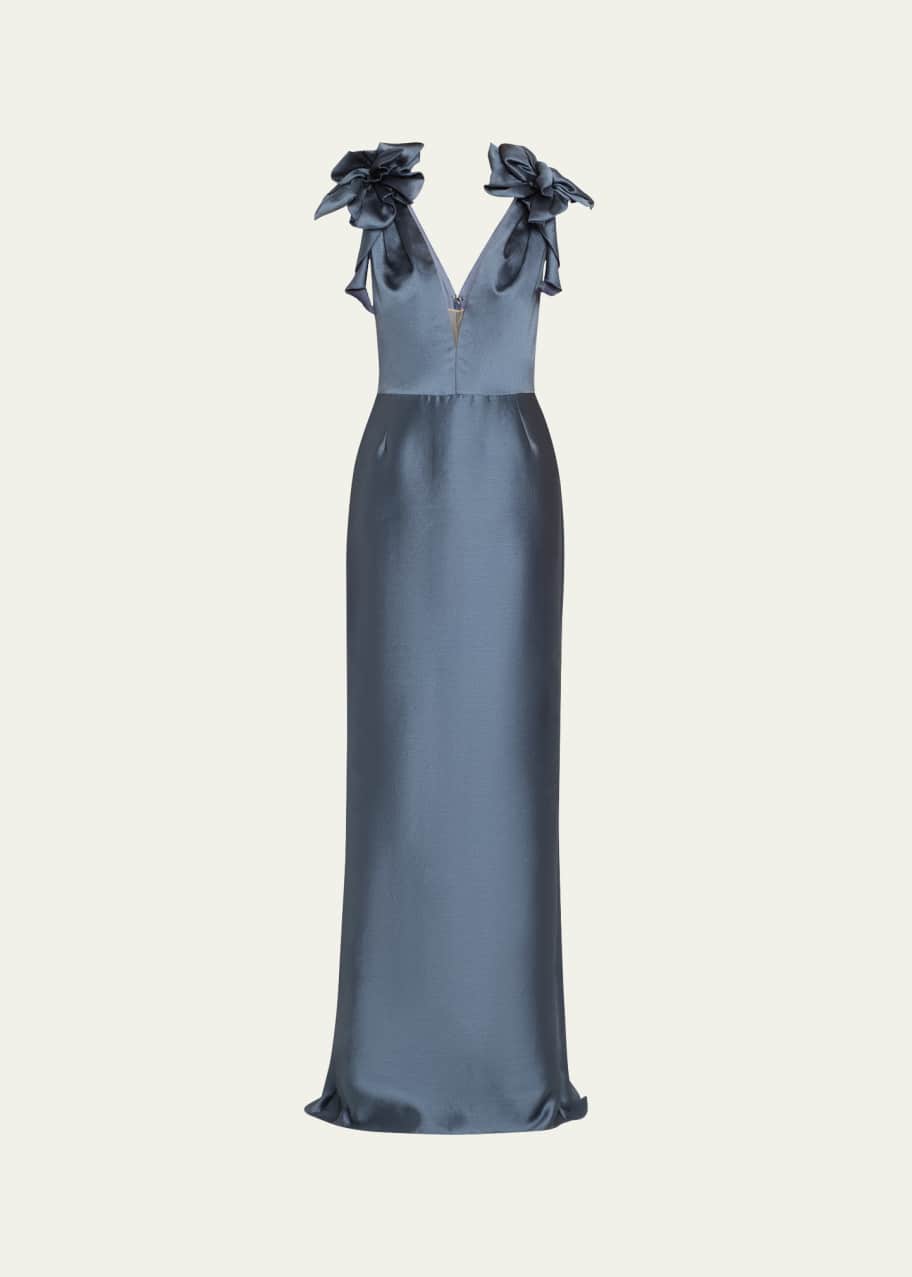 Image 1 of 1: Floral Applique Deep V-Neck Gown