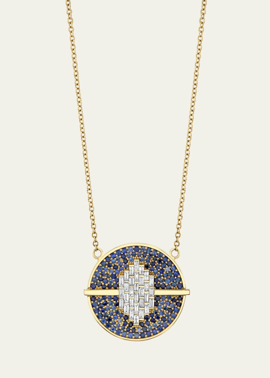 Image 1 of 1: 14K Gold Orbit Sapphire and Diamond Token Necklace
