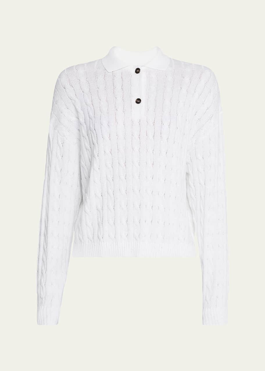 Brunello Cucinelli Micro Sequined Double Cable-Knit Polo Sweater