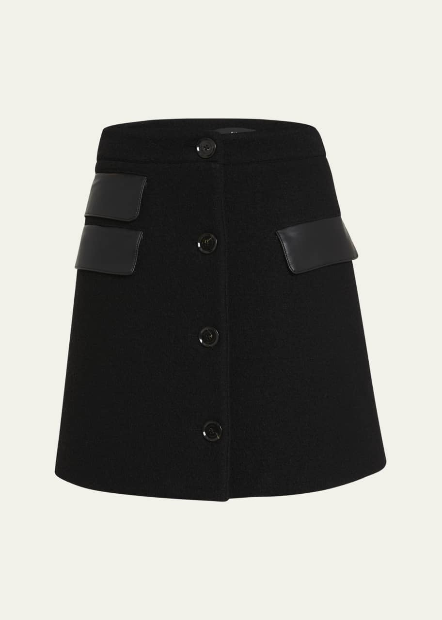 Image 1 of 1: Mei Faux Leather Pocket Button-Front Wool Mini Skirt