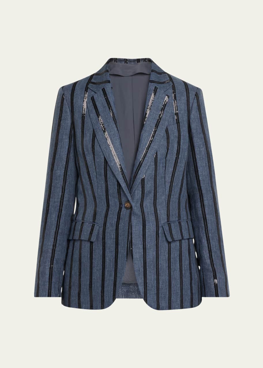 Image 1 of 1: Paillette Striped Denim-Effect Linen Single-Breasted Blazer