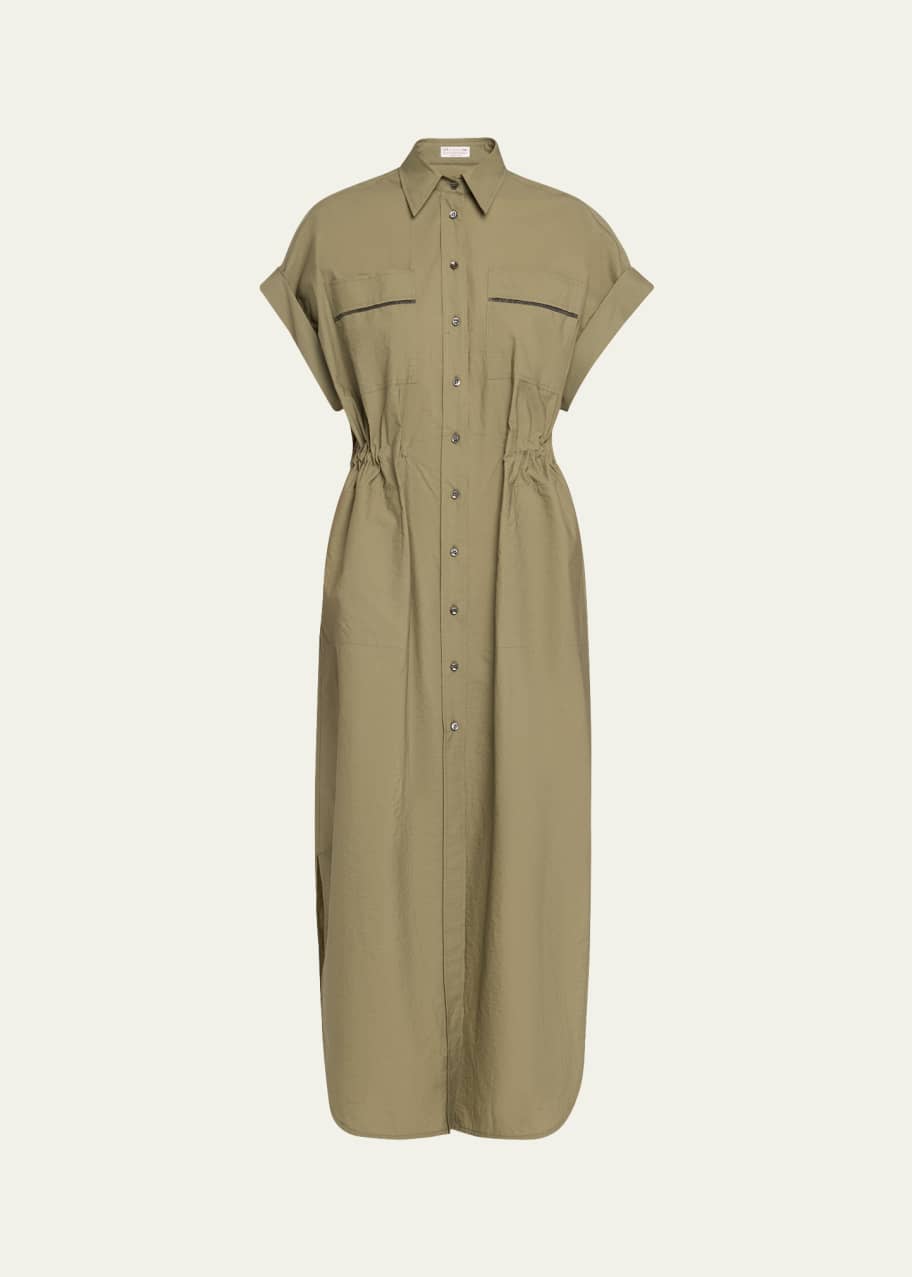 Image 1 of 1: Monili-Trim Short-Sleeve Techno Cotton Poplin Midi Shirtdress