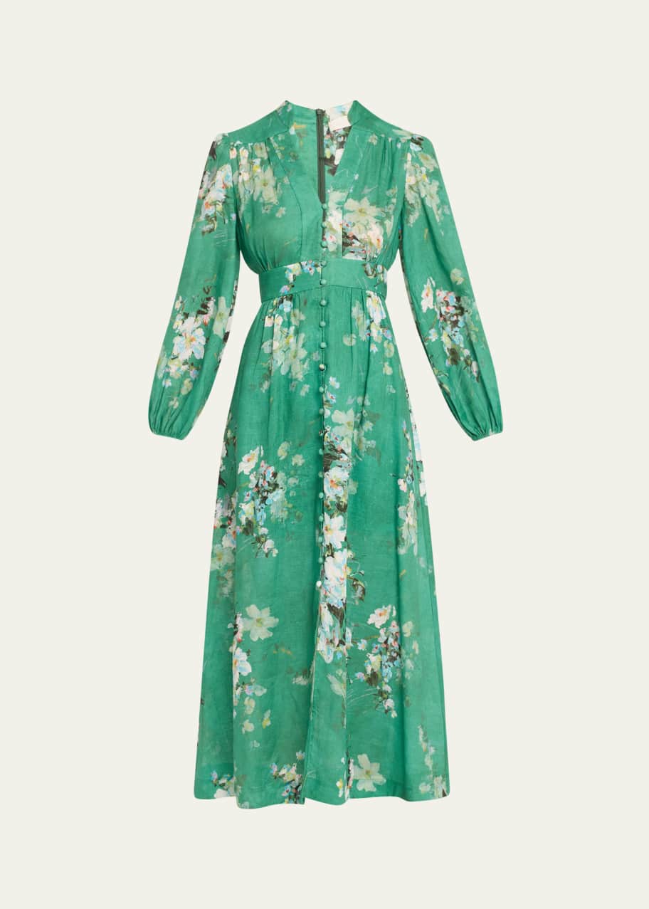 Image 1 of 1: Everley Floral Linen Midi Dress, Green