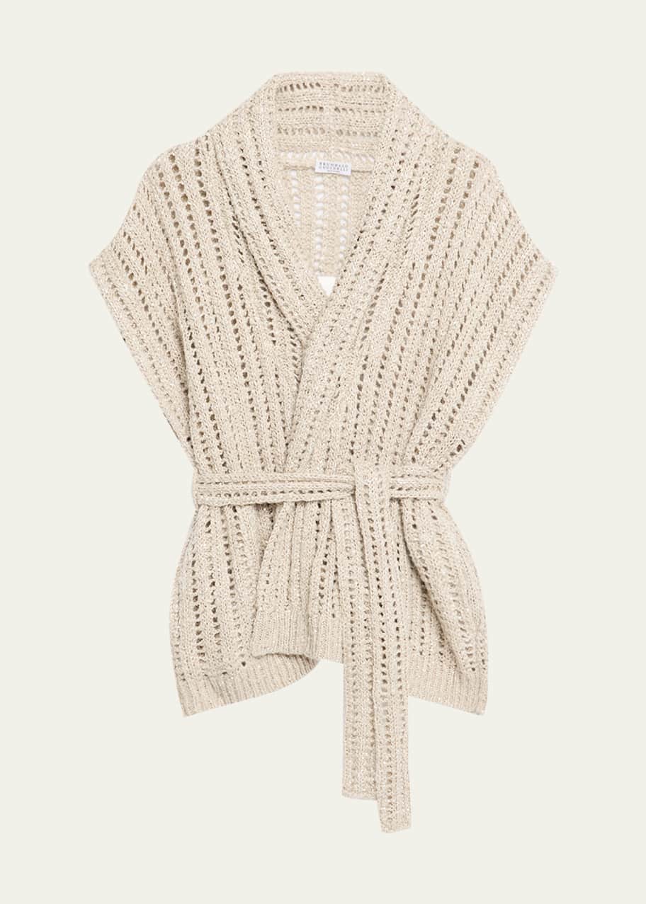 Image 1 of 1: Openwork Pailette Rib Long Wrap Cardigan