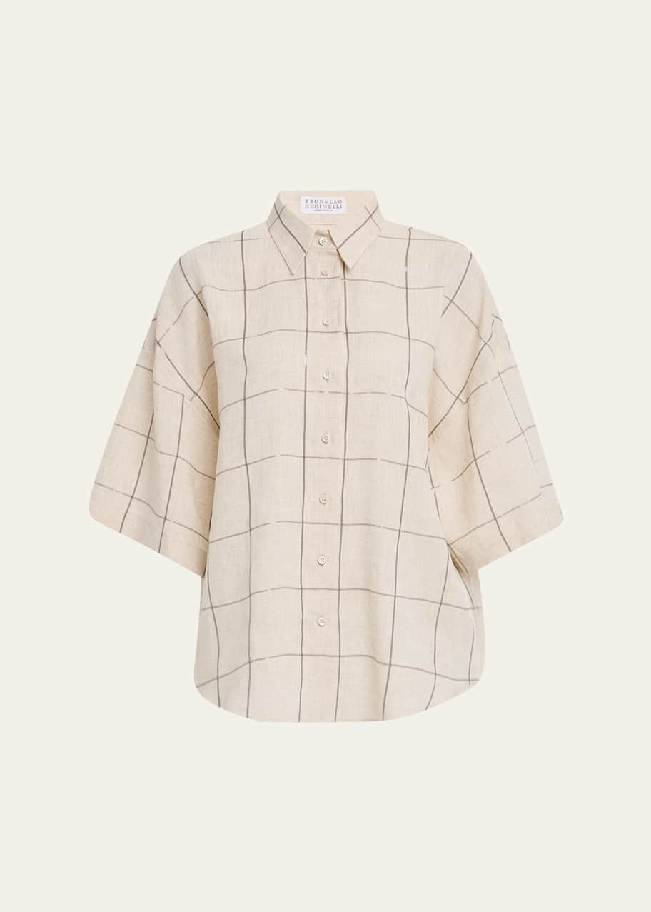 Image 1 of 1: Paillette Check Light Linen Button-Down Shirt