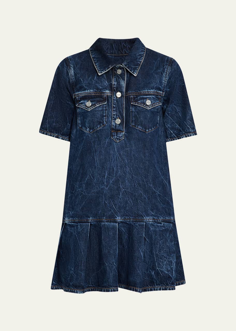 Image 1 of 1: Short-Sleeve Crinkled Denim Mini Dress