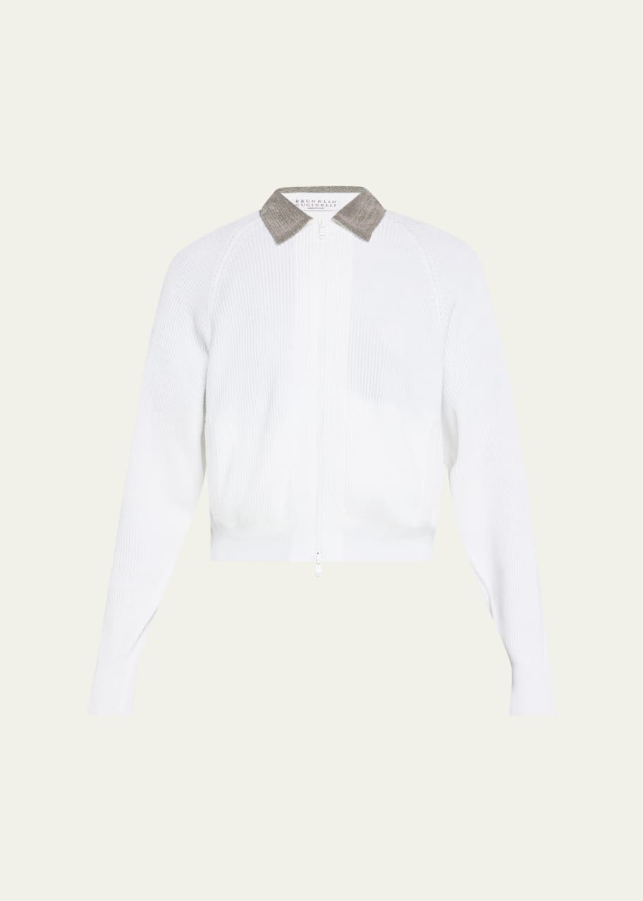Image 1 of 1: Monili-Collar Zip Cotton Rib Cardigan