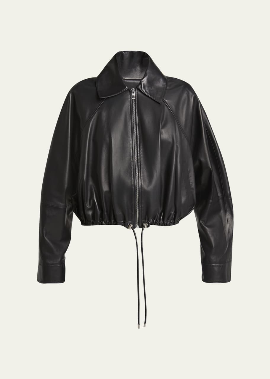 Image 1 of 1: Leather Zip-Up Drawstring Balloon Jacket