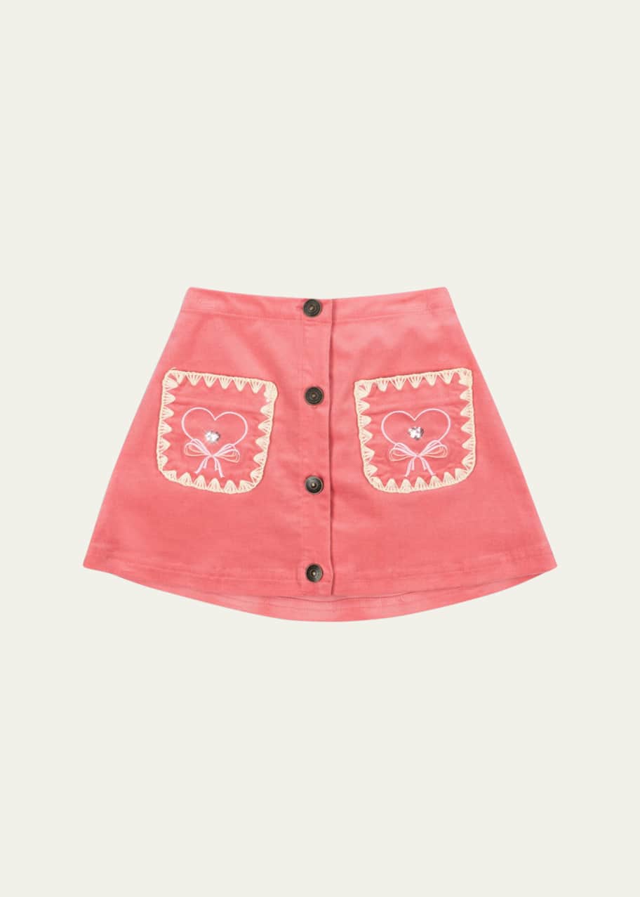 Image 1 of 1: Girl's Lucky Embroidered-Pocket Button-Front Skirt