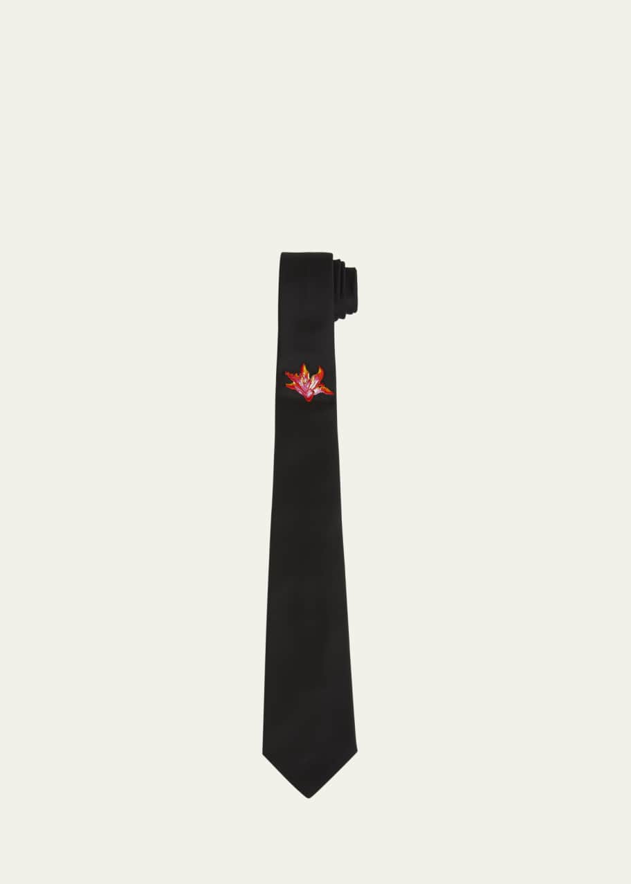 Image 1 of 1: Men's Embroidered Fire Lily Silk Tie