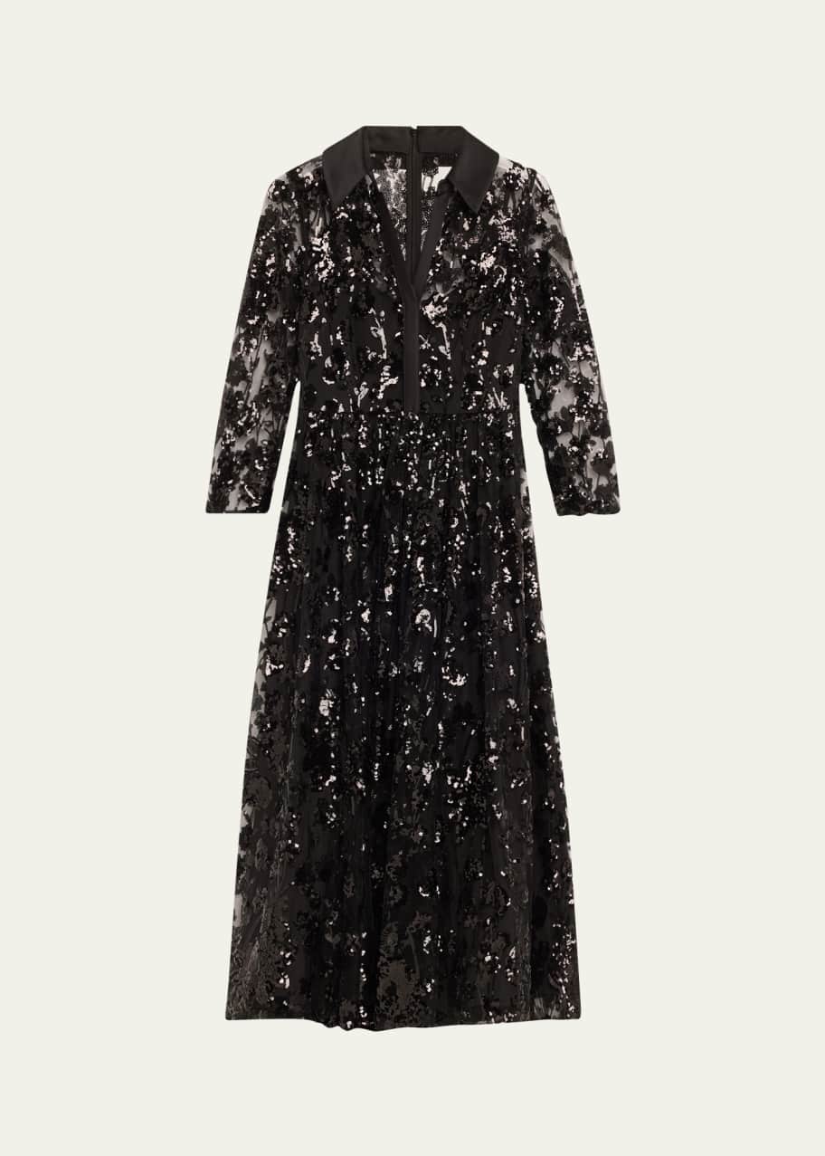 Badgley Mischka Sheer Sequin Floral Midi Shirtdress - Bergdorf Goodman