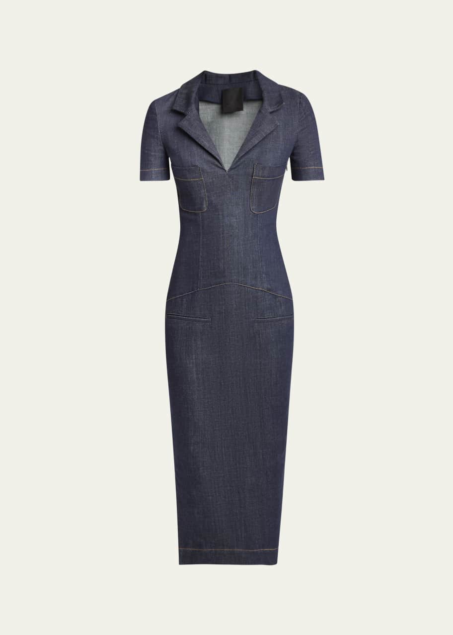 white christmas dresses V-Neck Denim Dress-Mid Vintage main image 1