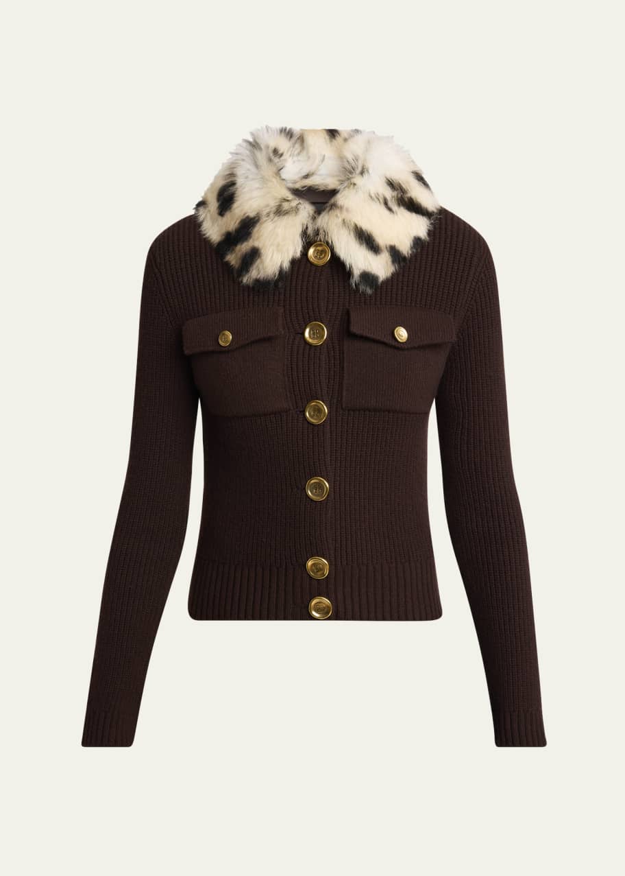Image 1 of 1: Leopard Print Shearling Collar Knit Wool Jacket