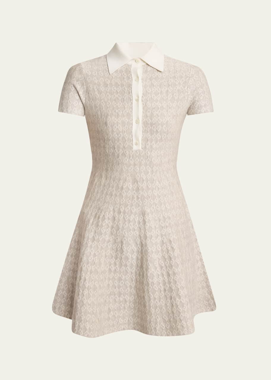 Image 1 of 1: 4G Logo Jacquard Fit-Flare Polo Wool Mini Dress
