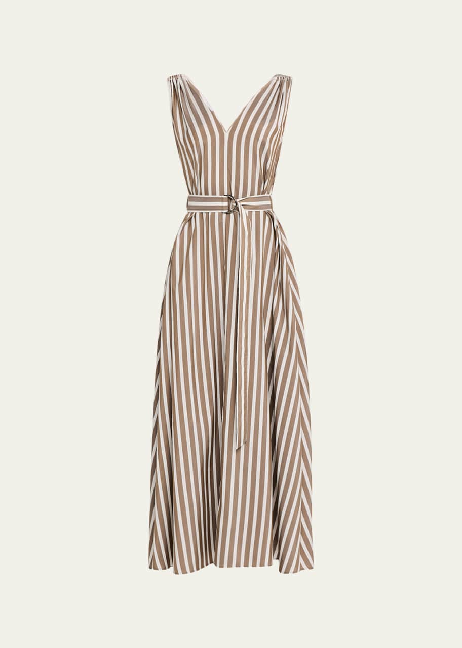 ブルネロクチネリ Brunello Cucinelli Striped Midi Dress Brunello Cucinelli Striped Sleeveless Monili-Shoulder Belted