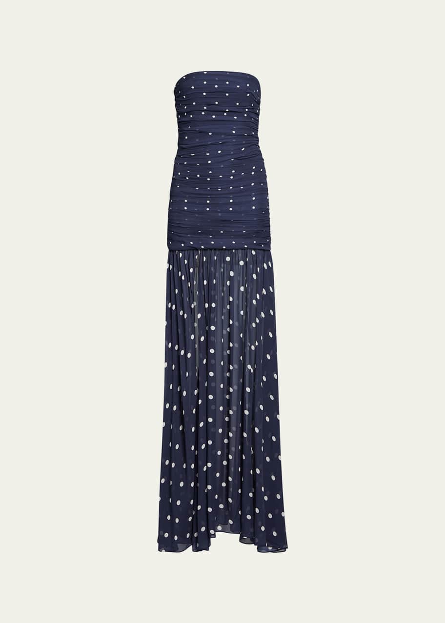 Image 1 of 1: Annalise Ruched Strapless Polka Dot Dress
