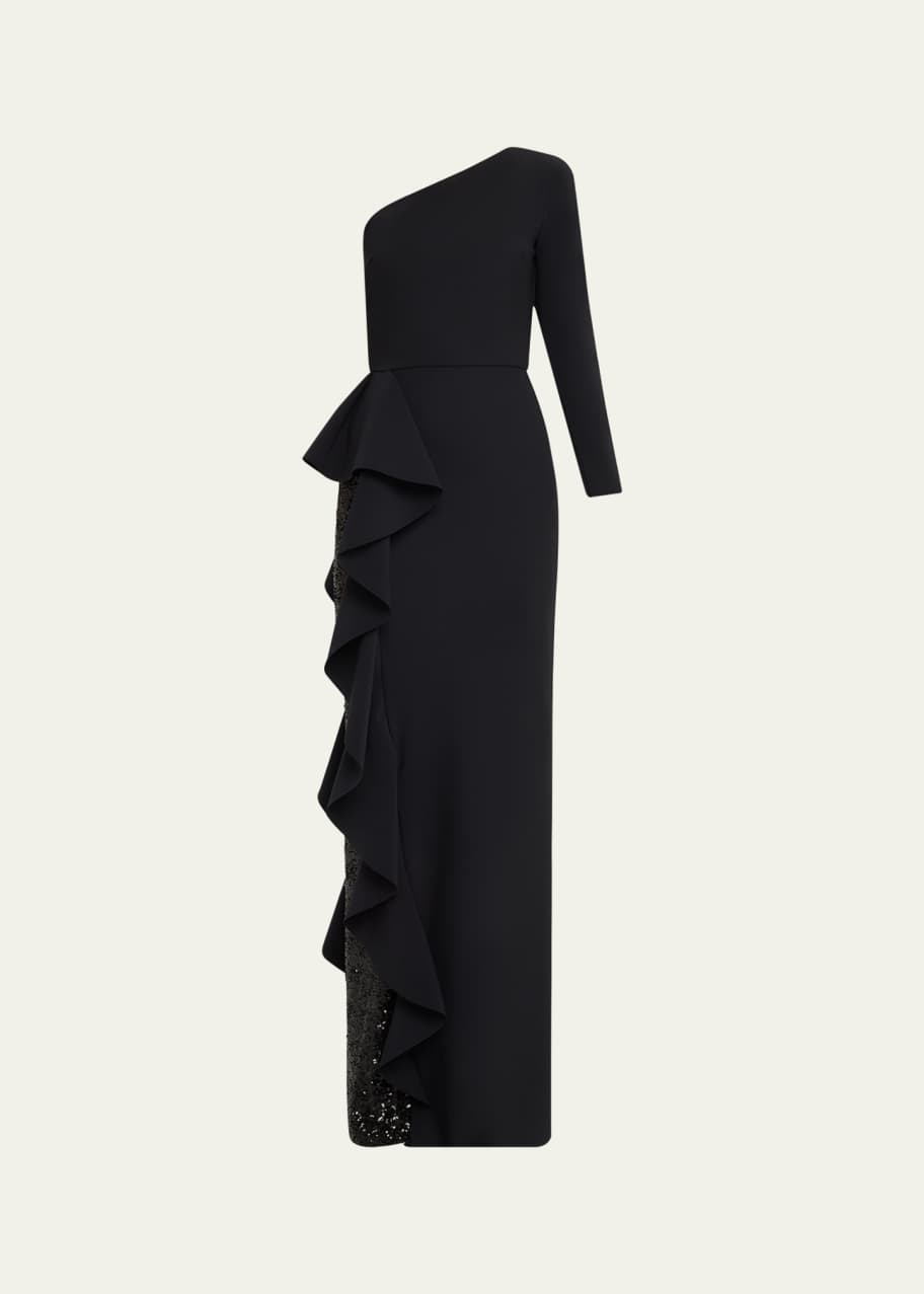Image 1 of 1: One-Shoulder Sequin Skirt Ruffle Gown