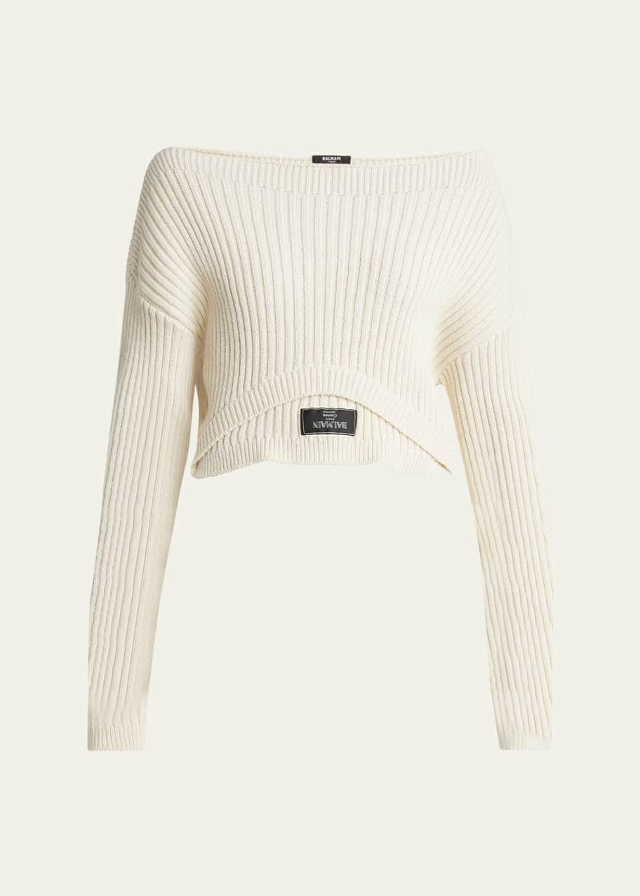Image 1 of 1: Upside Down Boat Neck Rib Cashmere Cropped Sweater