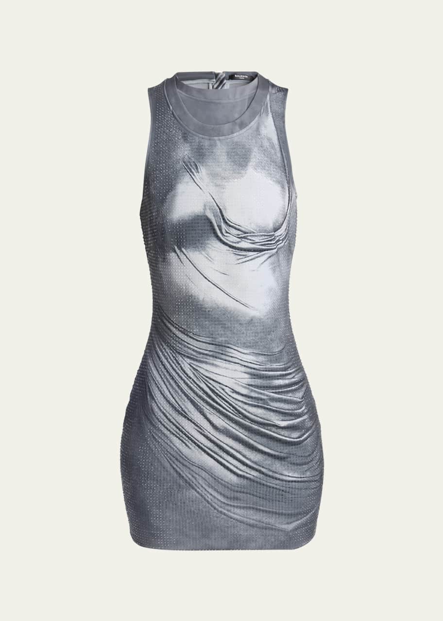 Image 1 of 1: Draped Trompe Loeil Strass Metallic Mini Dress