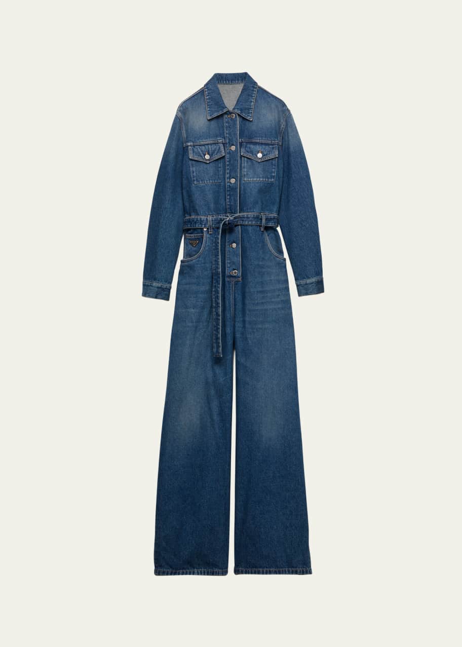 Prada Denim Belted Wide Leg Jumpsuit - Bergdorf Goodman