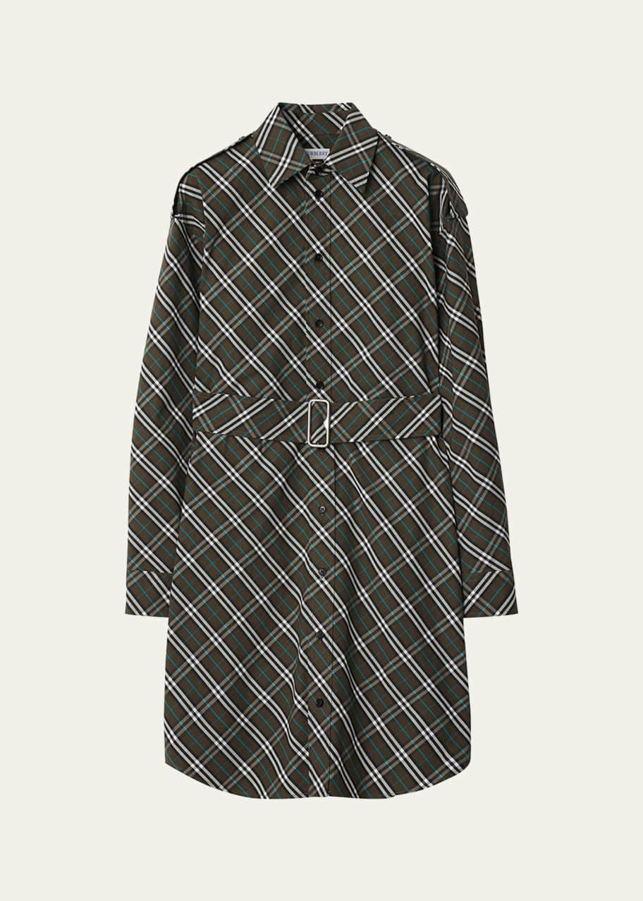Image 1 of 1: Check Long-Sleeve Belted Shirtdress
