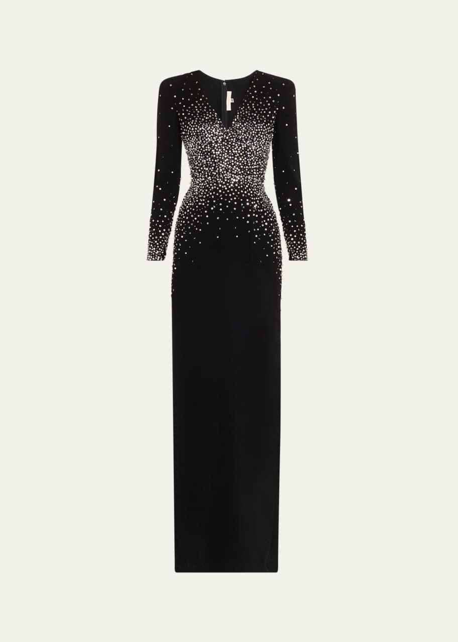 Image 1 of 1: V-Neck Crystal Long Sleeve Column Gown