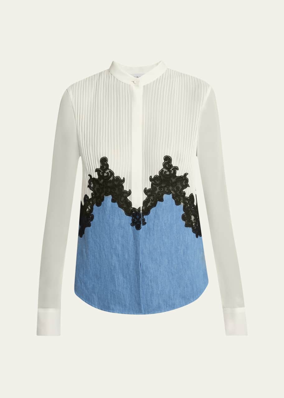 Image 1 of 1: Kheti Pintuck Denim Lace Button Down Top