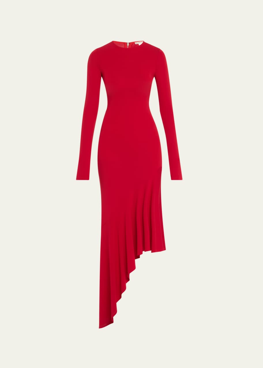 ALICE + OLIVIA Elia Crewneck Asymmetrical Fitted Midi Dress