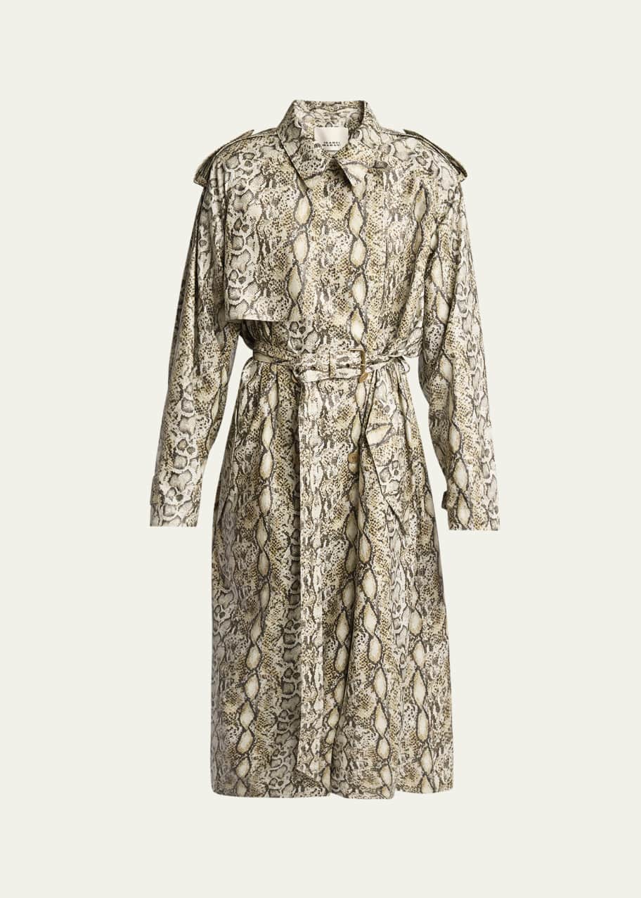 Isabel Marant Freanne Snakeskin-Print Linen Belted Trench Coat