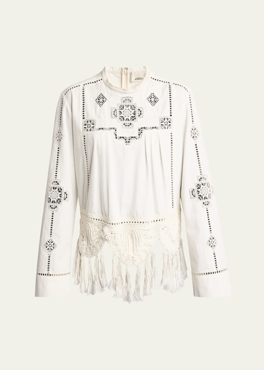 Isabel Marant Severine Crochet Fringe-Hem Long-Sleeve Blouse